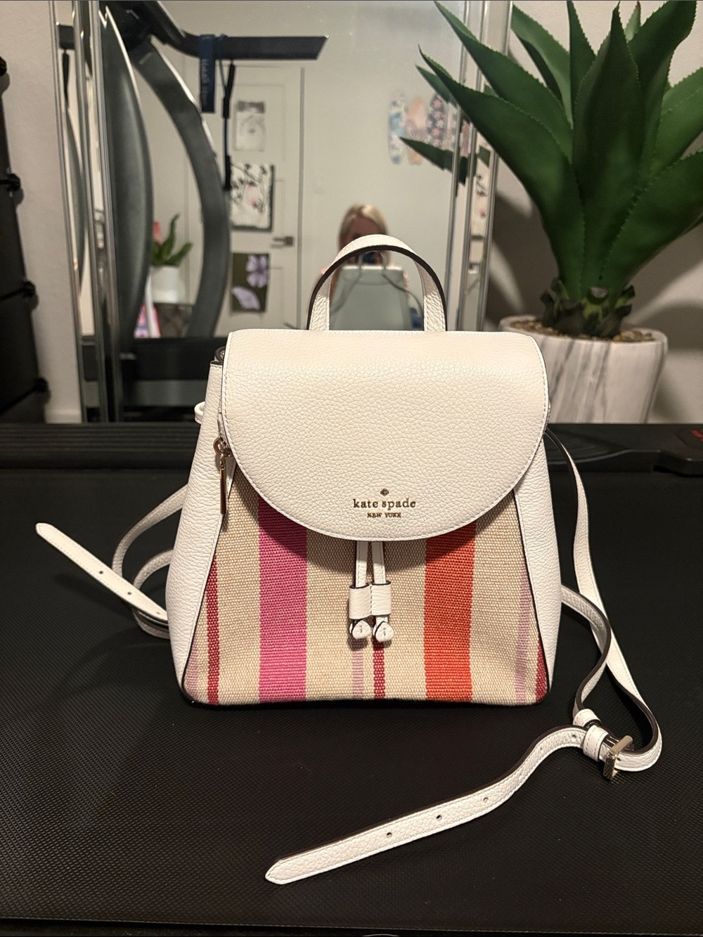 kate spade White Leather & Pink Orange Stripe Mini Backpack